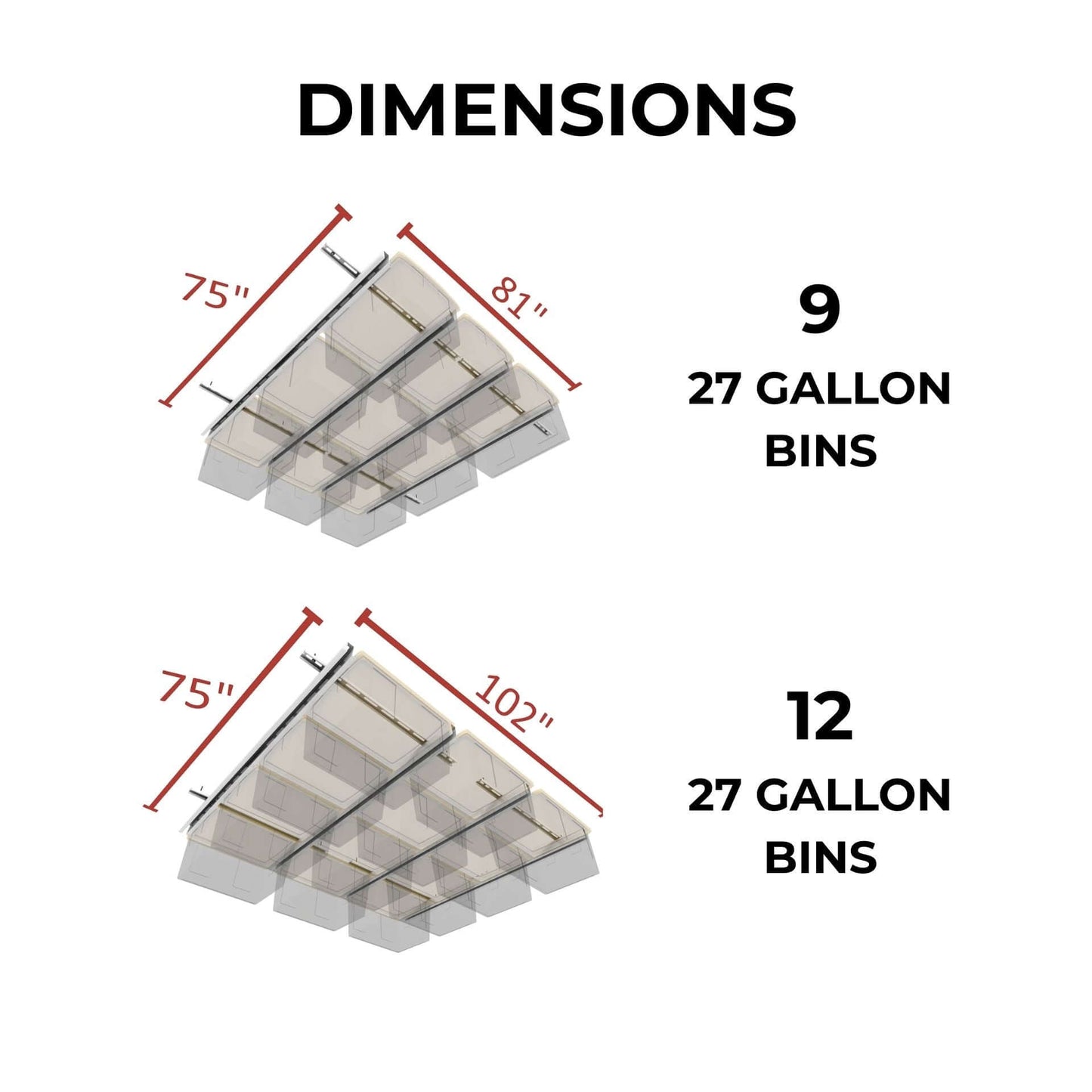 Ceiling Sam Tote Slide Pro Garage Ceiling Storage - Adjustable dimensions showing 9 bins and 12 bins configurations.