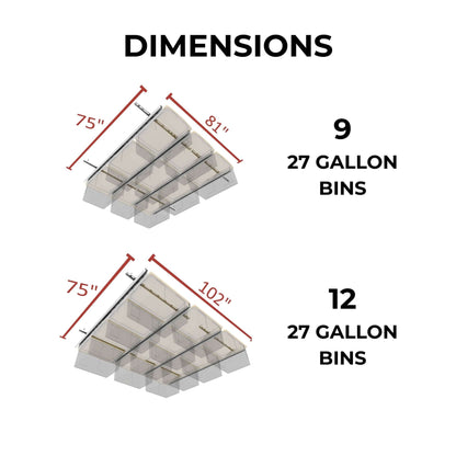 Ceiling Sam Tote Slide Pro Garage Ceiling Storage - Adjustable dimensions showing 9 bins and 12 bins configurations.