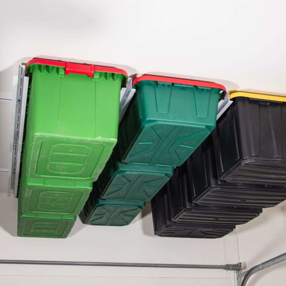 Ceiling Sam Tote Slide Pro Garage Ceiling Storage - Adjustable with organized totes in various colors.
