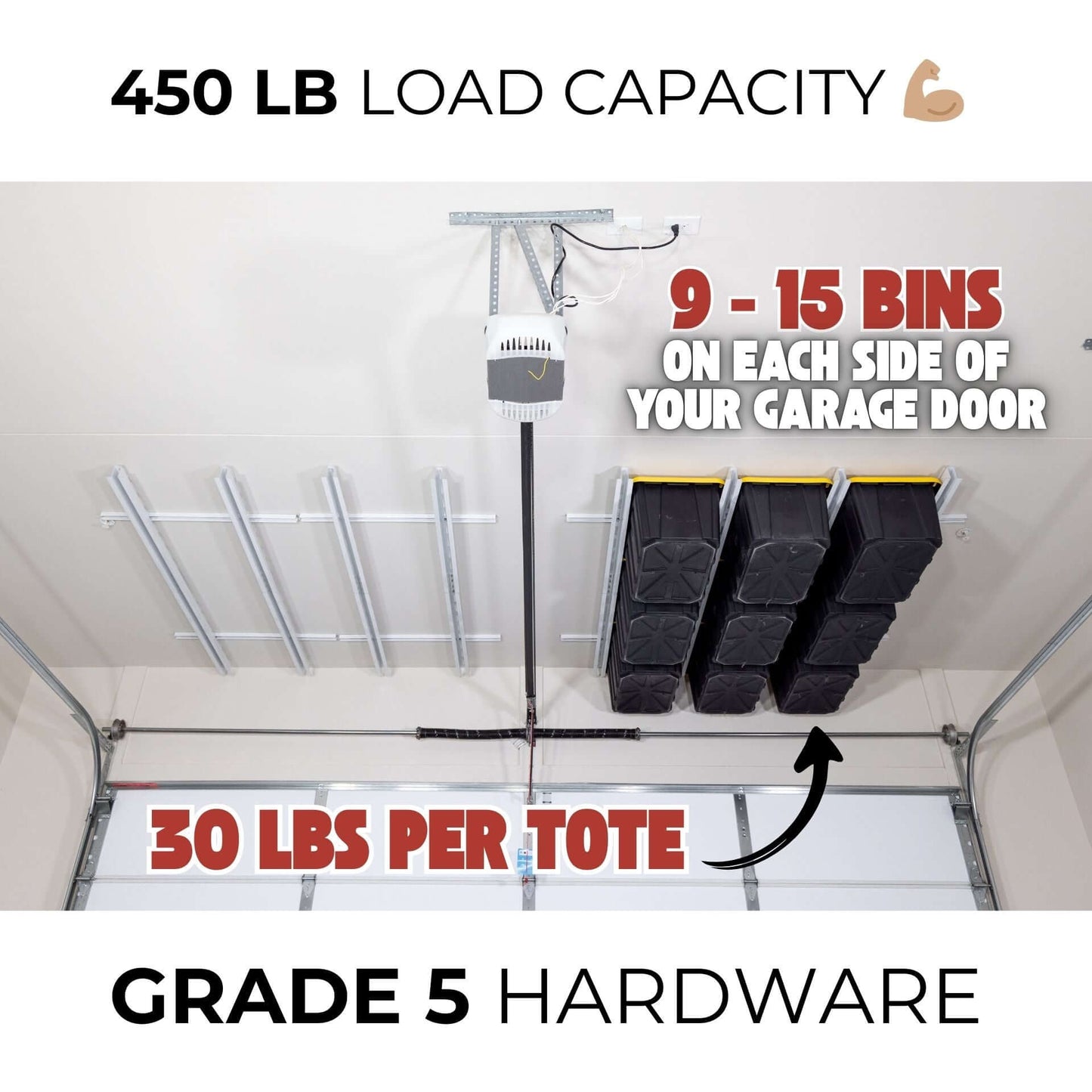Ceiling Sam Tote Slide Pro Garage Ceiling Storage - Adjustable with 450 LB load capacity and 9-15 bins setup in garage.