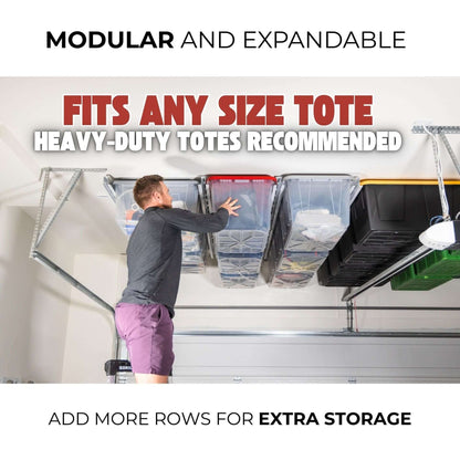 Ceiling Sam Tote Slide Pro Garage Ceiling Storage - Adjustable, modular system showcasing easy access to heavy-duty totes.