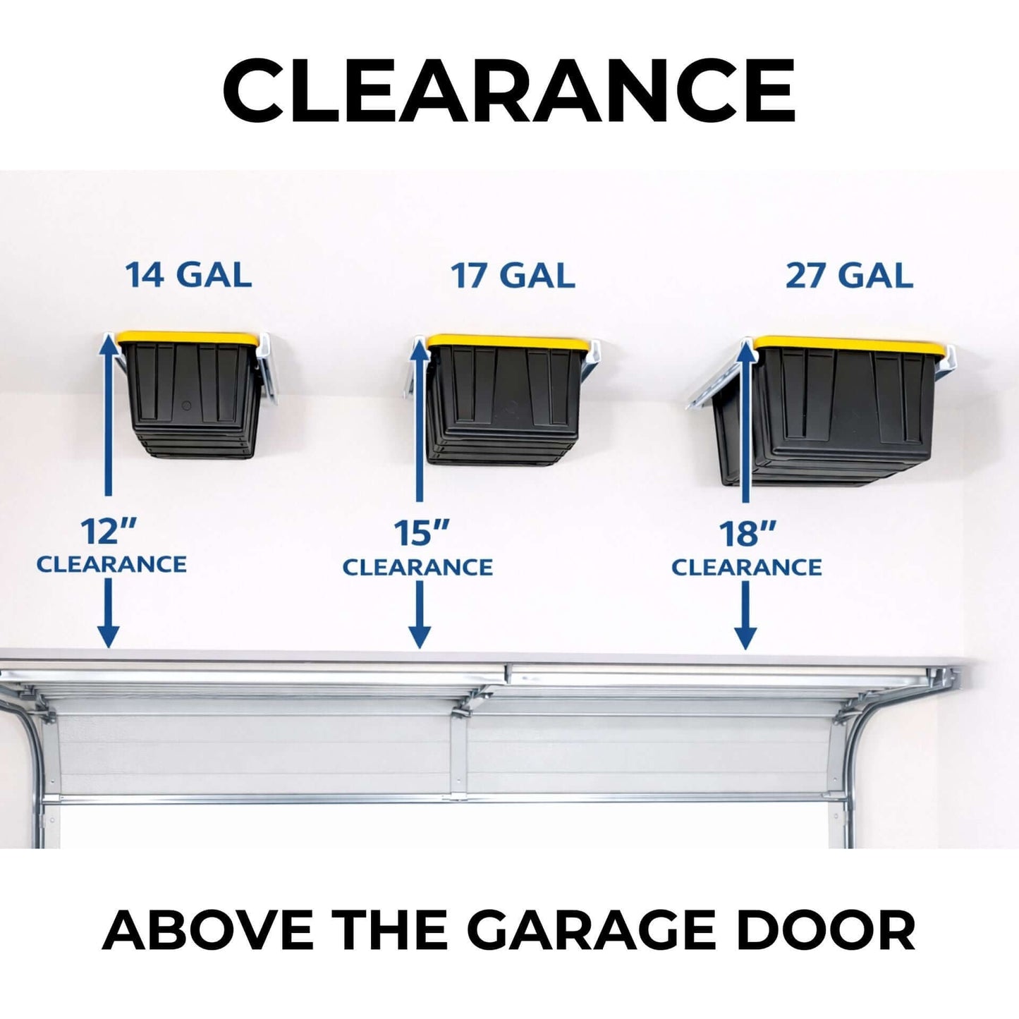 Ceiling Sam Tote Slide Pro Garage Ceiling Storage - Adjustable clearance guide above garage door for 14, 17, and 27-gallon totes.
