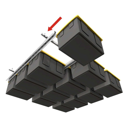 Ceiling Sam Tote Slide Pro Garage Ceiling Storage - Adjustable with stacked totes on ceiling track.