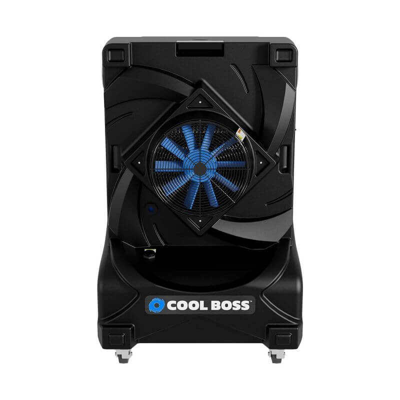 Cool Boss CB-16L Coolee portable evaporative cooler with blue fan and robust design, perfect for indoor and outdoor use.