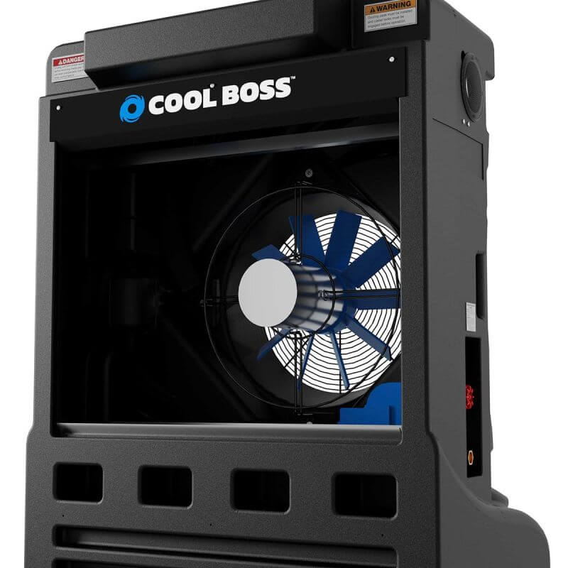 Cool Boss CB-16L Coolee portable evaporative cooler with blue fan and durable design for indoor and outdoor use.