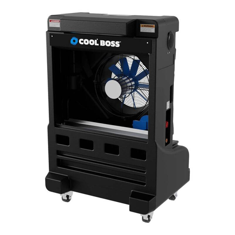 Cool Boss CB-16L Coolee portable evaporative cooler with caster wheels for easy mobility and quiet operation.