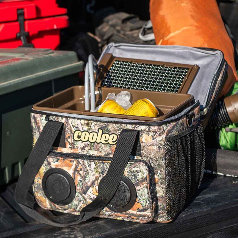 Cool Boss CL-240 Coolee 3-in-1 air cooler with camouflage design, ice-chest, and Bluetooth speakers.