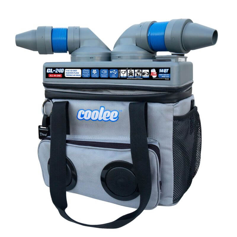 Cool Boss Coolee CL-240 portable 3-in-1 air cooler, ice-chest, and Bluetooth speaker in compact design.