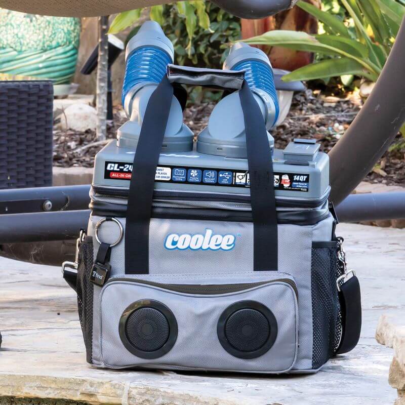 Cool Boss Coolee CL-240 air cooler, powered with Bluetooth speakers, designed for outdoor activities.