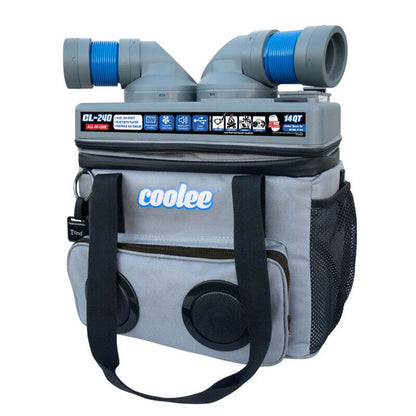 Cool Boss CL-240 Coolee 3-in-1 air cooler, ice-chest, and Bluetooth speaker in gray with dual hose outlets.