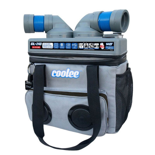 Cool Boss CL-240 Coolee 3-in-1 air cooler, ice-chest, and Bluetooth speaker in gray with dual hose outlets. 