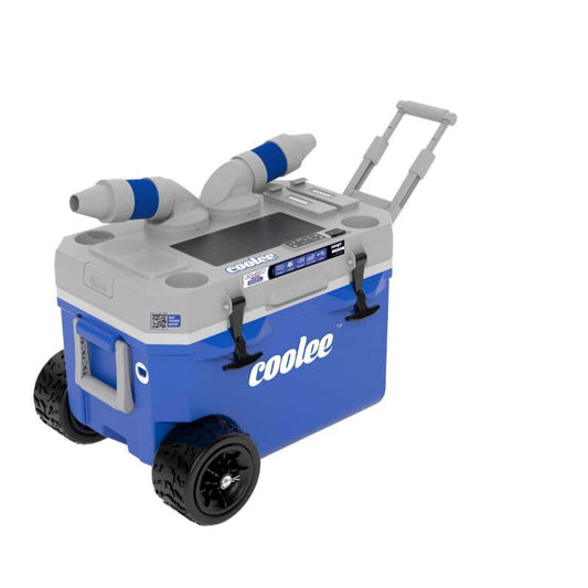 Cool Boss CL-50R Coolee 3-in-1 air cooler and ice chest with Bluetooth speakers, ideal for outdoor adventures. 