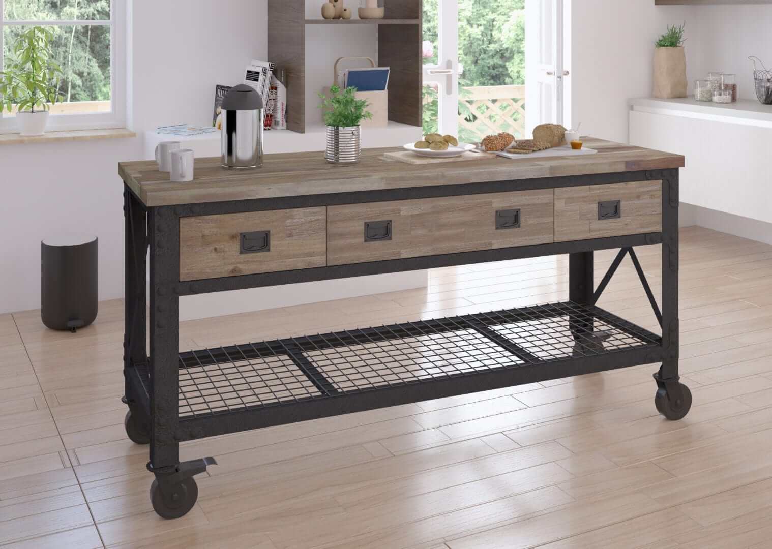 DuraMax 72 In x 24 In 3-Drawer Rolling Industrial Workbench w/ Wood Top - Aged Macadamia 68001M