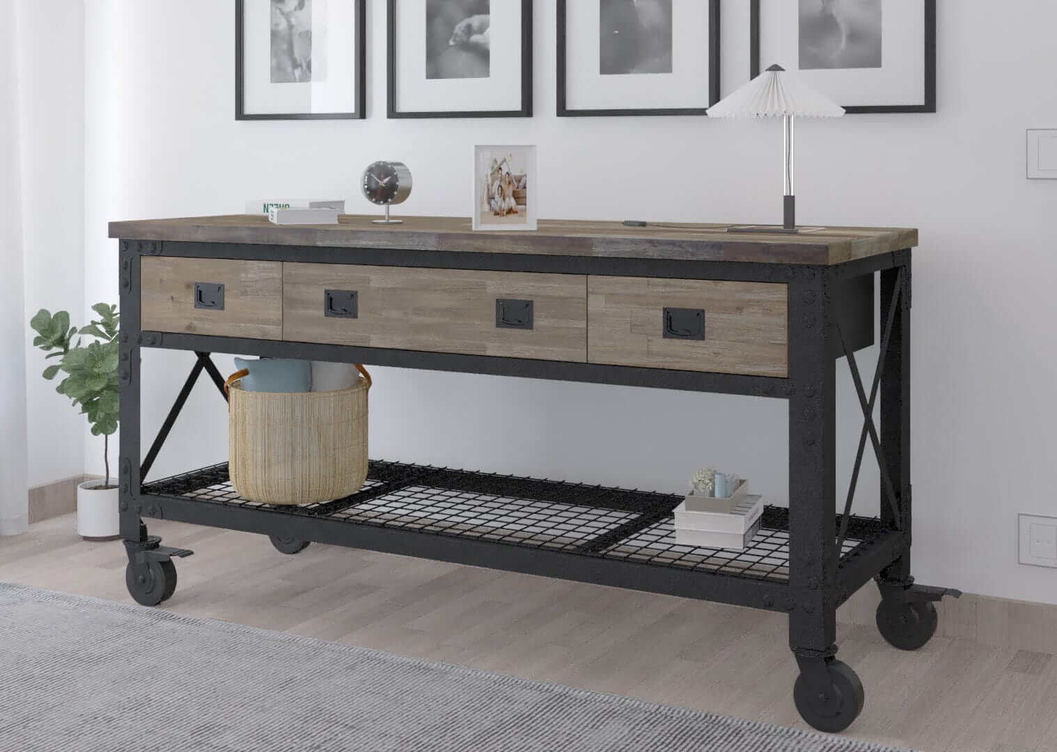 DuraMax 72 In x 24 In 3-Drawer Rolling Industrial Workbench w/ Wood Top - Aged Macadamia 68001M