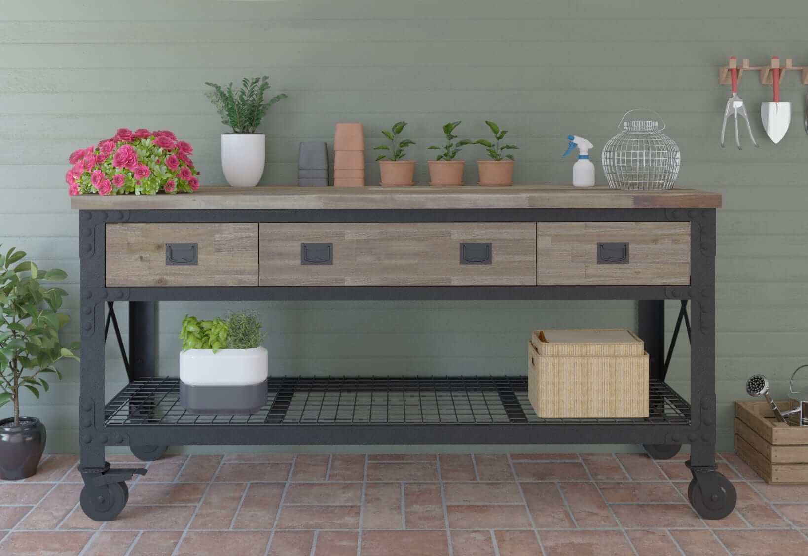 DuraMax 72 In x 24 In 3-Drawer Rolling Industrial Workbench w/ Wood Top - Aged Macadamia 68001M