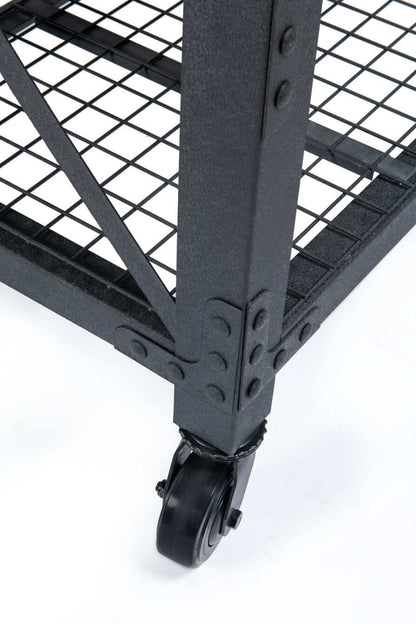 Close-up of the sturdy metal frame and wheels of the DuraMax industrial workbench, showcasing its durability.