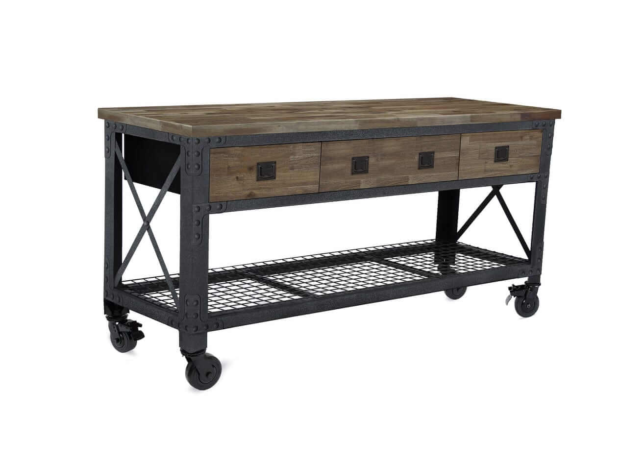 DuraMax 72 In x 24 In 3-Drawer Rolling Industrial Workbench w/ Wood Top - Aged Macadamia 68001M