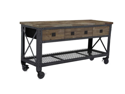 DuraMax 72 In x 24 In industrial workbench with wood top and 3 drawers on wheels for versatile storage.