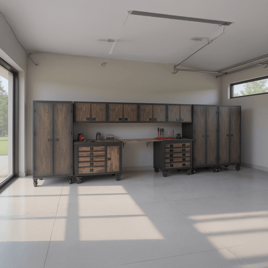 Duramax 10 Piece-Garage Storage Combo Set w/ Tool Chests, Wall Cabinets, Free Standing Cabinets and Folding Table 10P148TC136TC4WC3FC in a modern garage. 