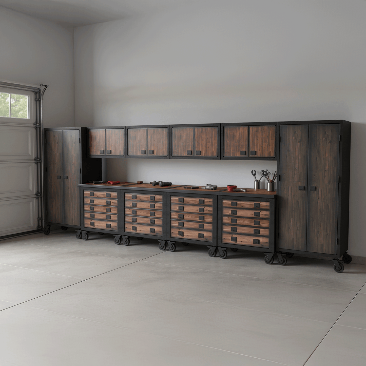 Duramax 10-Piece Garage Storage Combo Set w/ Tool Chests, Wall Cabinets and Free Standing Cabinets 10P4TC4WC2FC displayed in a garage.