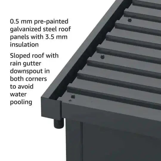 Duramax garden room roof detail showing galvanized steel panels and rain gutter for water drainage.