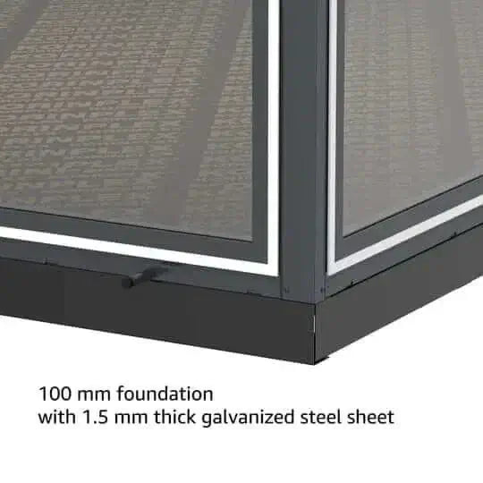 Detailed view of the 100 mm foundation and 1.5 mm thick galvanized steel sheet for Duramax Garden Room.