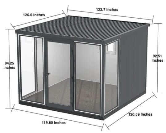 Duramax 10x10 Glass Garden Room dimensions and layout with measurements in inches.