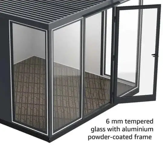 Interior view of Duramax 10x10 glass garden room with 6mm tempered glass and aluminum frame.