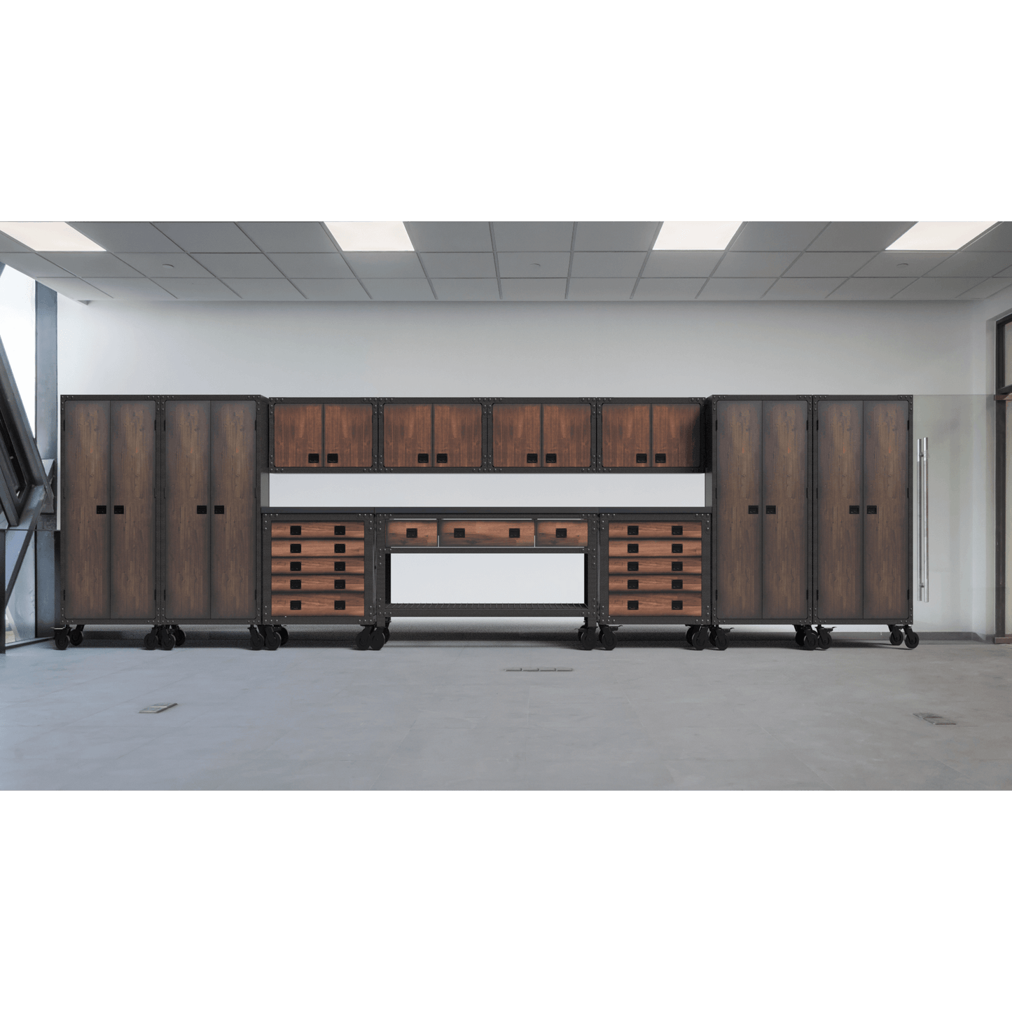 Duramax 11-Piece Garage Storage Combo Set w/ Workbench, Tool Chests, Wall Cabinets and Free Standing Cabinets 11P1WB2TC4WC4FC in a spacious garage.