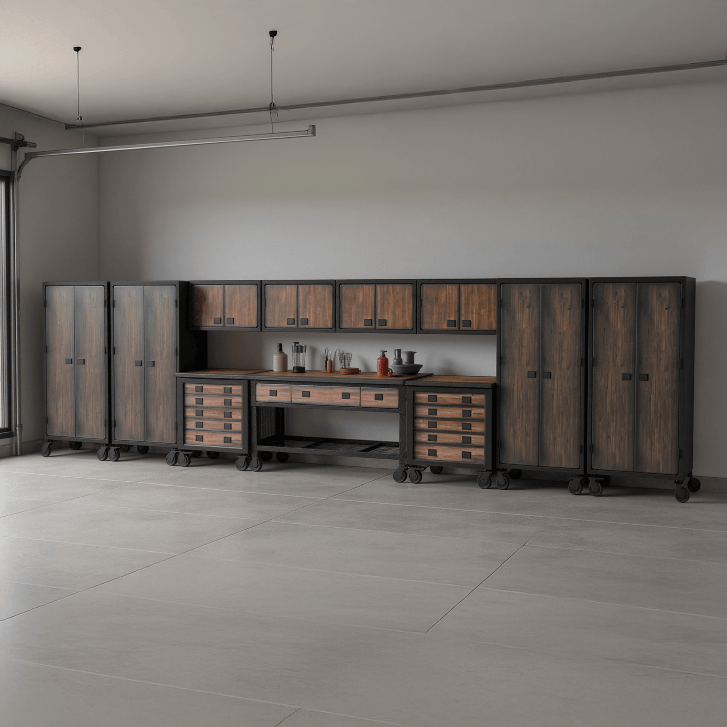 Duramax 11-Piece Garage Storage Combo Set w/ Workbench, Tool Chests, Wall Cabinets and Free Standing Cabinets 11P1WB2TC4WC4FC in modern garage.