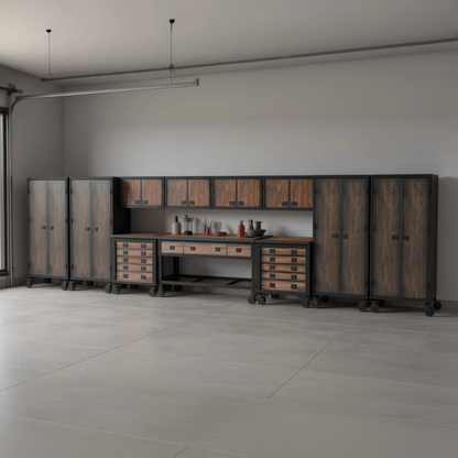 Duramax 11-Piece Garage Storage Combo Set w/ Workbench, Tool Chests, Wall Cabinets and Free Standing Cabinets 11P1WB2TC4WC4FC in modern garage.