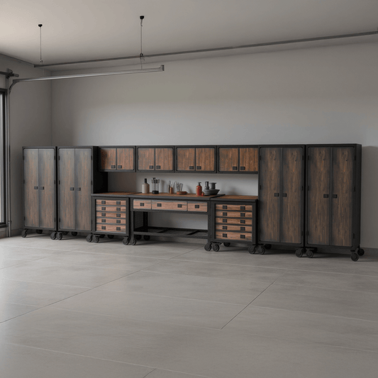 Duramax 11-Piece Garage Storage Combo Set w/ Workbench, Tool Chests, Wall Cabinets and Free Standing Cabinets 11P1WB2TC4WC4FC in modern garage. 