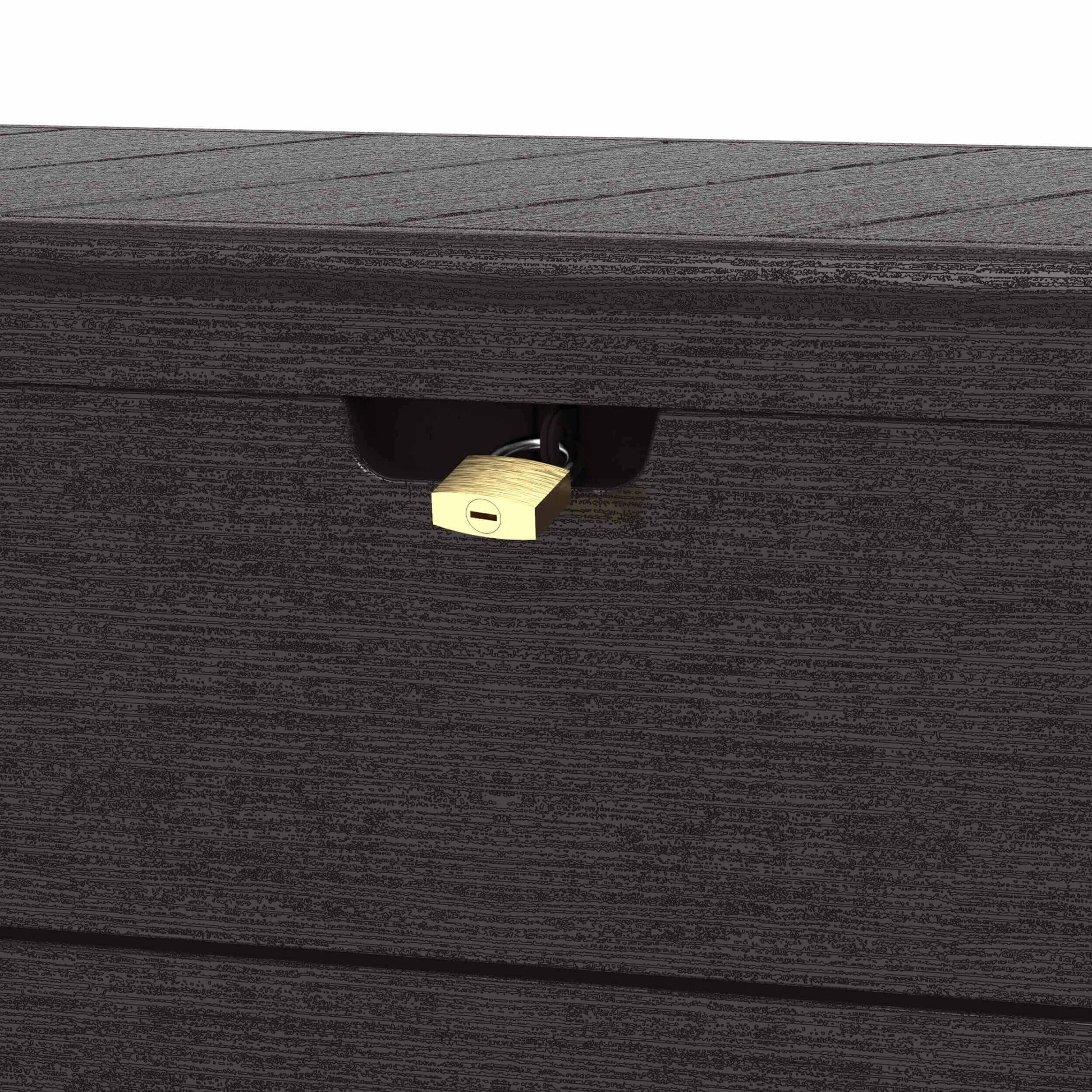 Close-up of Duramax Cedar Grain Deck Box showing secure lock mechanism.