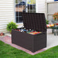 Duramax 110 Gallon Cedar Grain Deck Box in Brown, outdoor storage solution for garden and patio, with opened lid.