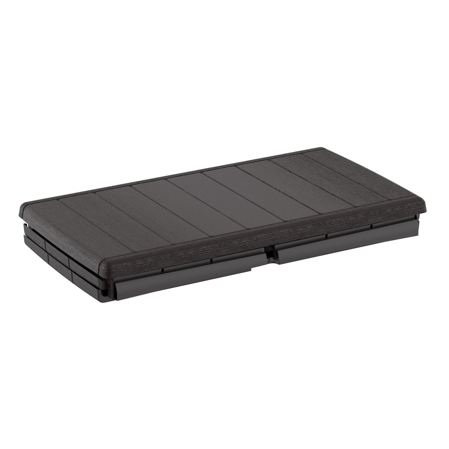 Duramax Cedar Grain Deck Box in gray, 110-gallon storage capacity, made of durable fire-resistant plastic resin.