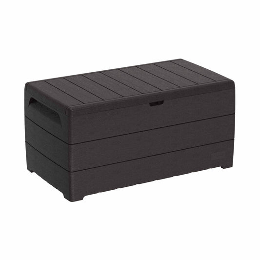 Duramax 110 Gal. Cedar Grain Deck Box in gray, offering durable storage for cushions and outdoor items. 