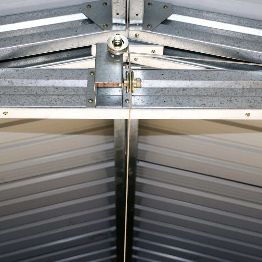 Duramax 12x20 Imperial Metal Garage roof structure with metal support beams and hardware.