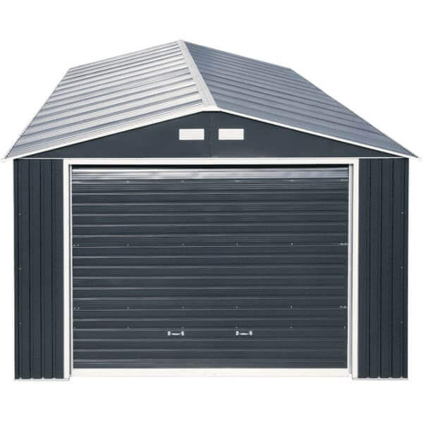 Duramax 12x20 Imperial Metal Garage in Dark Gray with White Trim, featuring a streamlined design and roll-up door.