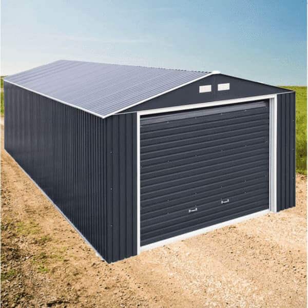 Duramax 12x20 Imperial Metal Garage in Dark Gray with White Trim, shown on a dirt path, durable storage solution.