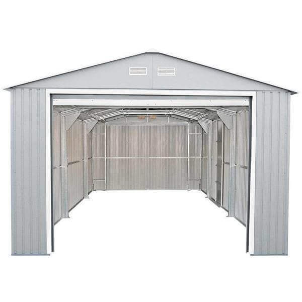 Duramax 12x20 Imperial Metal Garage in light gray with off-white accents, featuring spacious double doors and steel construction.