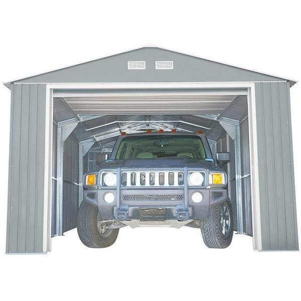 Duramax 12x20 Imperial Metal Garage in Light Gray, housing an SUV, showcasing robust construction and spacious design.