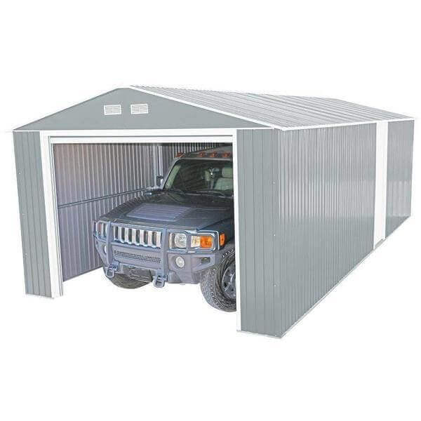 Duramax 12x20 Imperial Metal Garage in light gray with vehicle inside, showcasing durable steel construction.