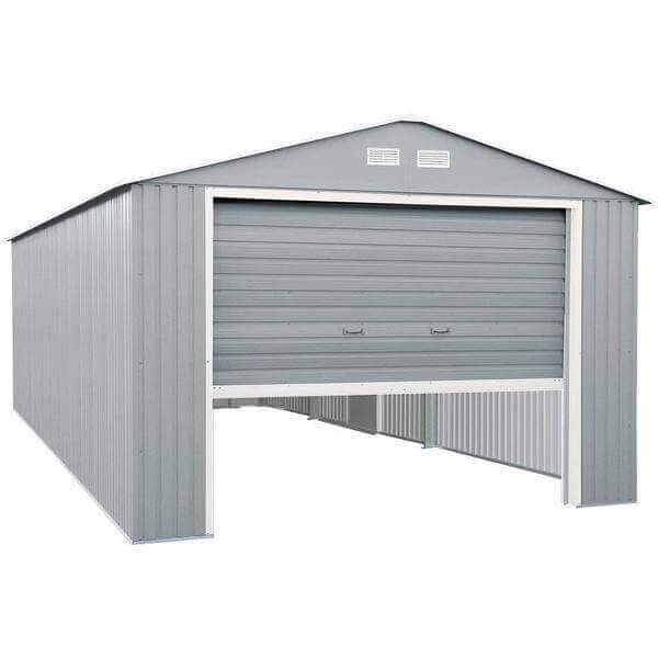 Duramax 12x20 Imperial Metal Garage in light gray with off-white trim, featuring a roll-up door and sturdy steel construction.