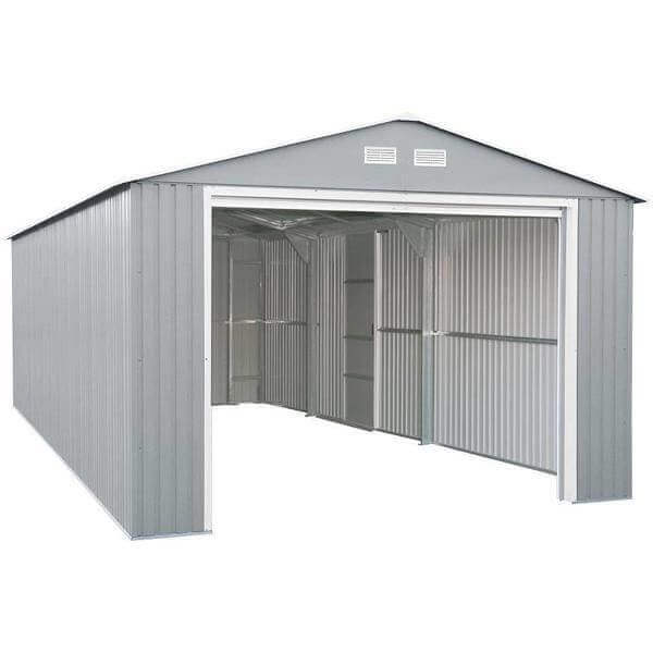 Duramax 12x20 Imperial Metal Garage in light gray with off white, showcasing spacious interior and robust construction.