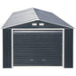 Duramax 12x26 Imperial Metal Garage in dark gray with white trim, featuring a roll-up door and a sloped roof.