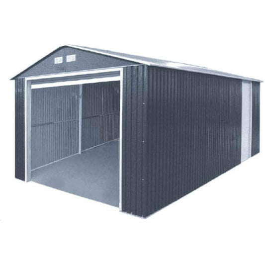 Duramax 12x26 Imperial Metal Garage in Dark Gray with White Trim, showcasing strong metal design and spacious entry. 