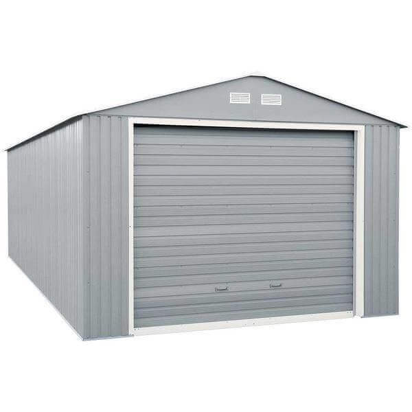 Duramax 12x26 Imperial Metal Garage in light gray with roll-up door and side entrance.