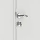 Modern chrome door handle and lock design on a light-colored door.