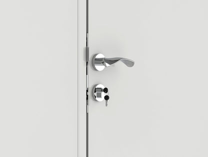 Modern chrome door handle and lock design on a light-colored door.