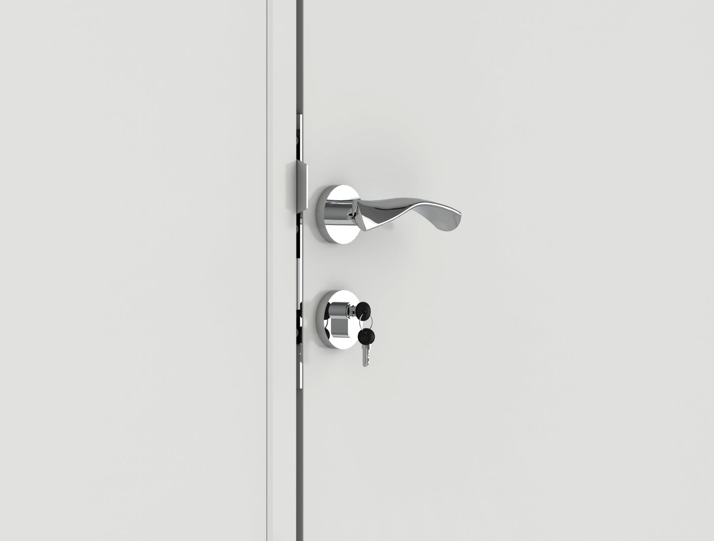 Modern chrome door handle and lock design on a light-colored door.